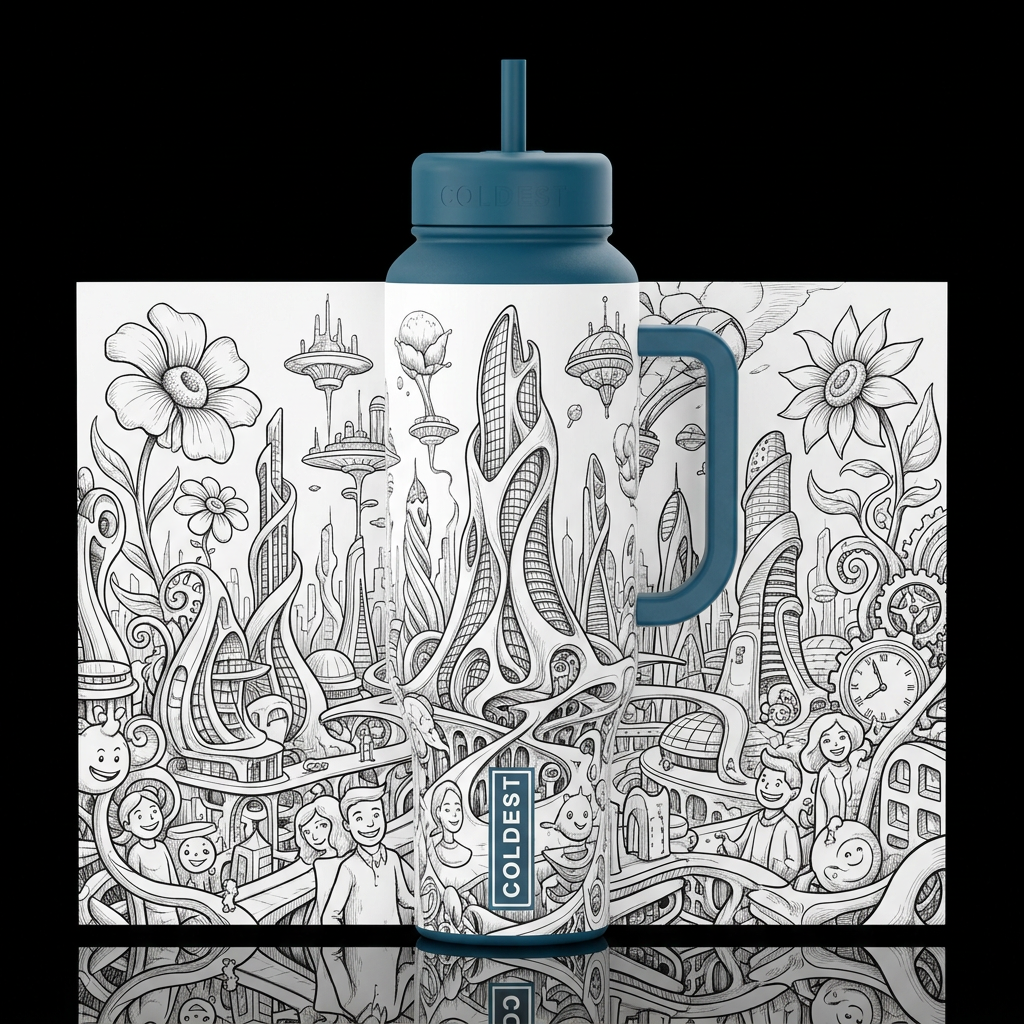 futuristic utopian city, whimsical surrealism blac... water bottle design