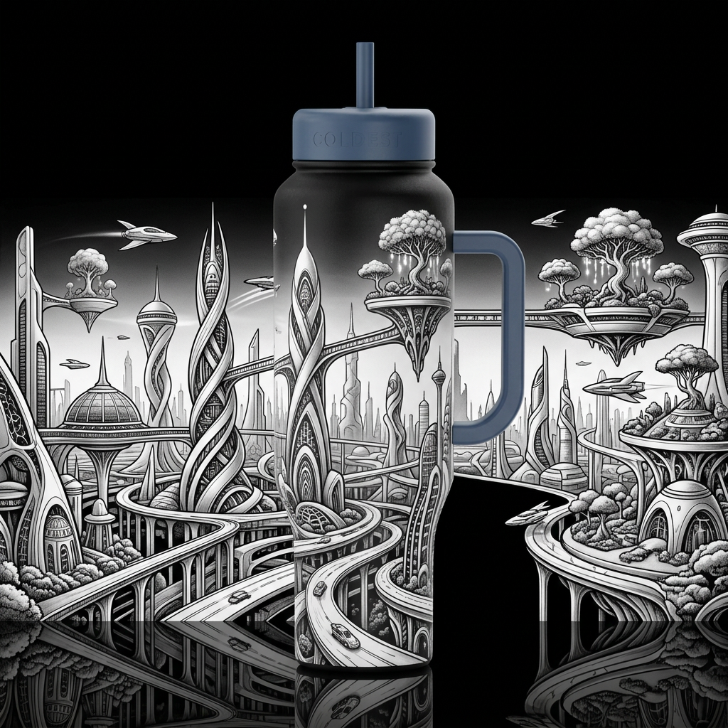 futuristic utopian city, whimsical surrealism blac... water bottle design