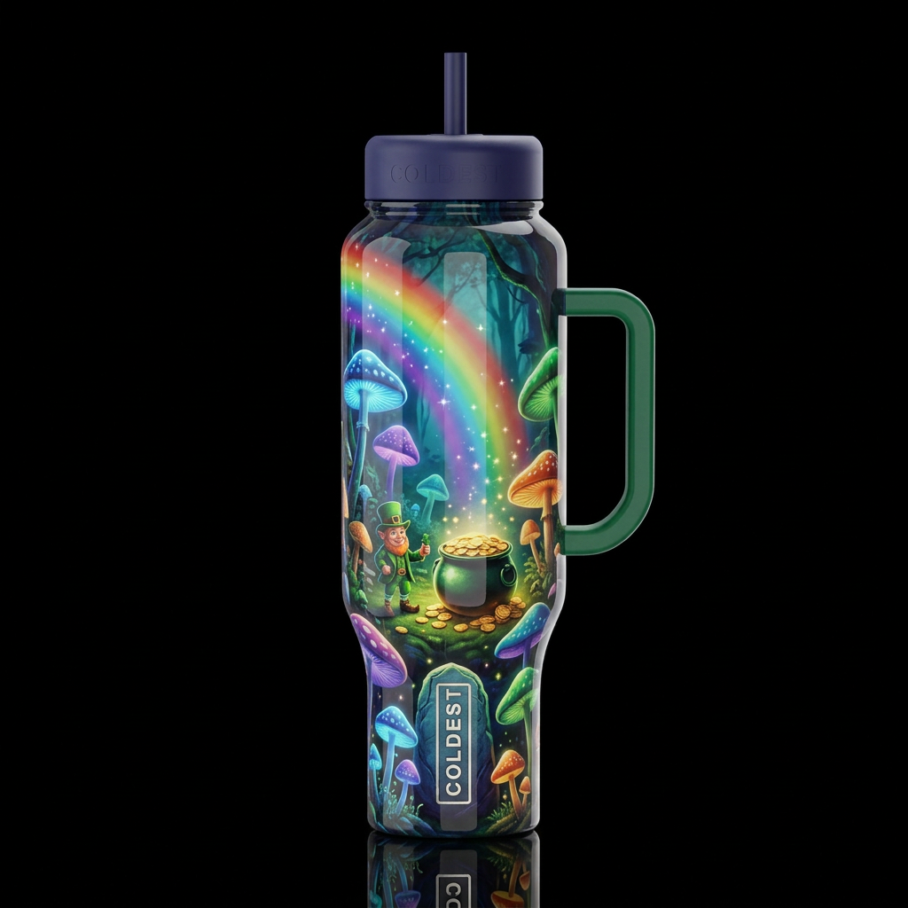 magical, rainbow, fantasy leper con pot of gold mu... water bottle design