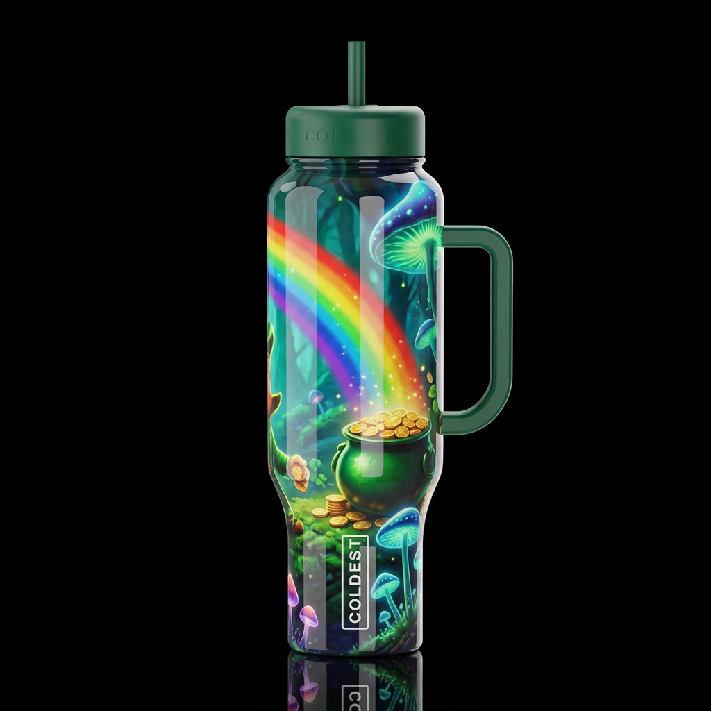 magical, rainbow, fantasy leper con pot of gold mu... water bottle design