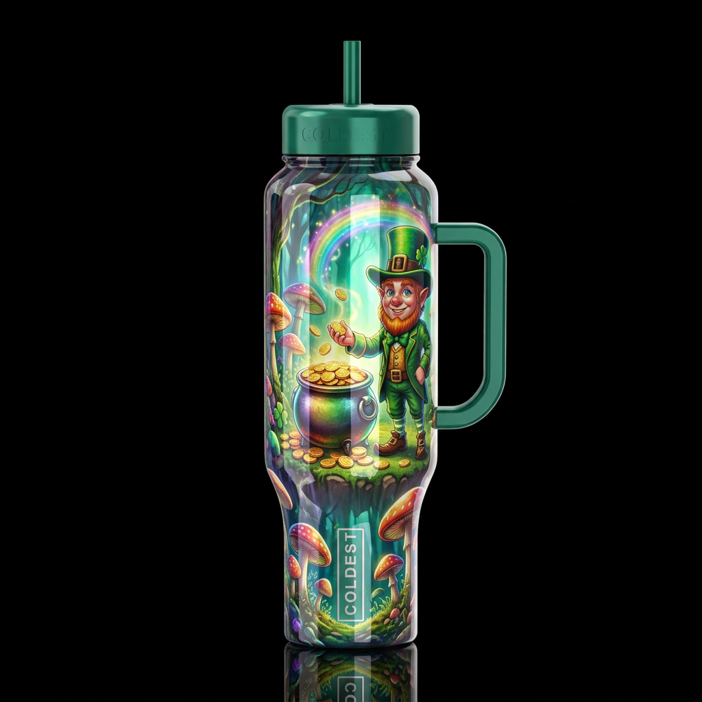 magical, rainbow, fantasy leper con pot of gold mu... water bottle design
