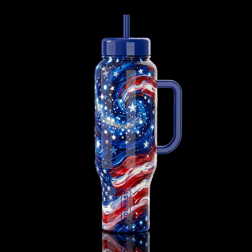 patriotic starry night red white and blue, oil pai... water bottle design