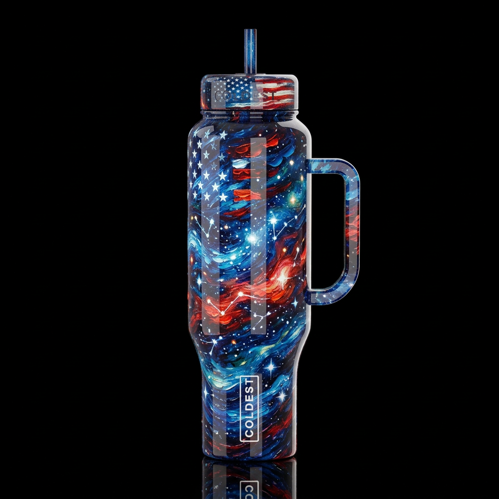 patriotic starry night red white and blue, oil pai... water bottle design