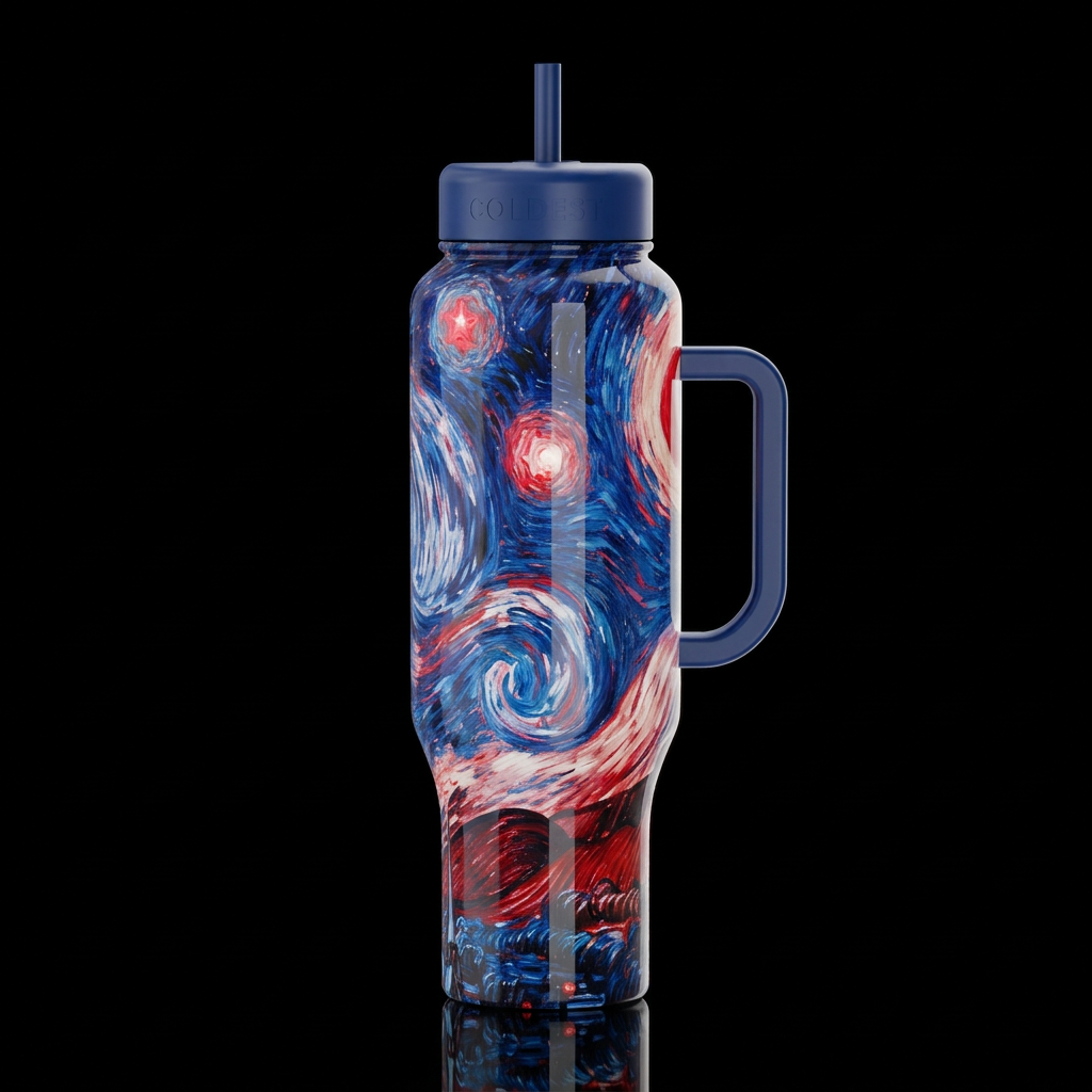patriotic starry night red white and blue, oil pai... water bottle design