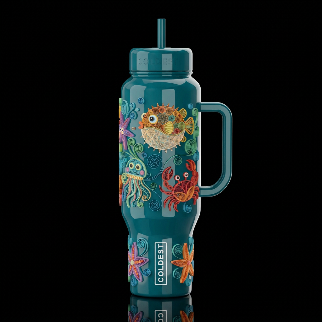colorful Quilled folk art floating blow fish crab ... water bottle design