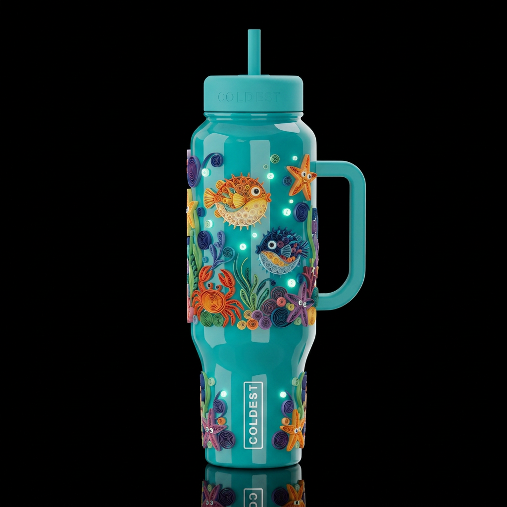 colorful Quilled folk art floating blow fish crab ... water bottle design