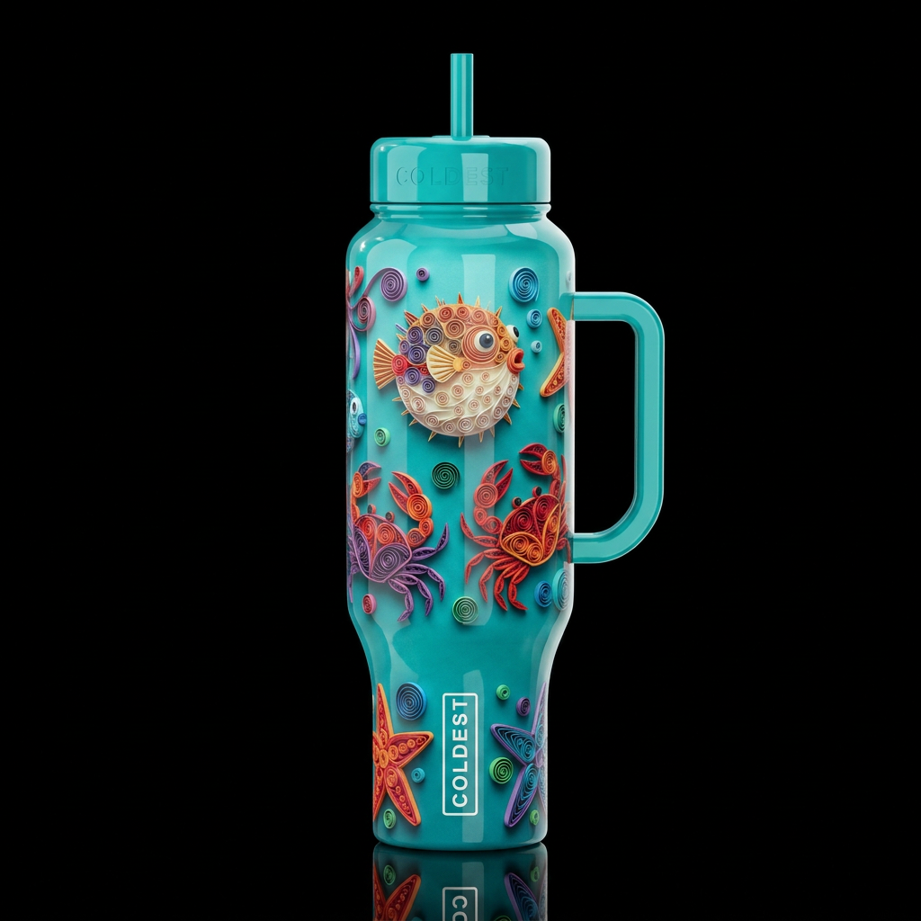colorful Quilled folk art floating blow fish crab ... water bottle design