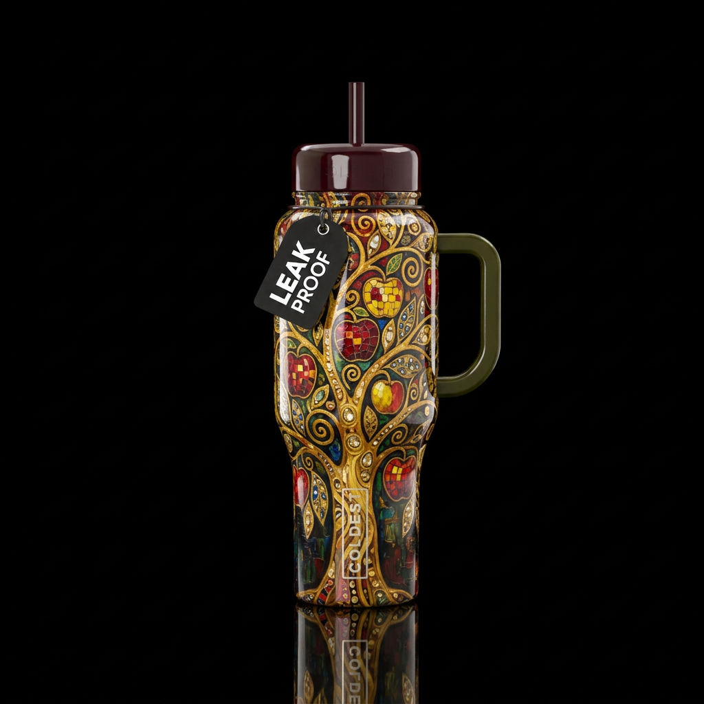 colorful apple tree inspired by Gustav Klimt, oil ... water bottle design