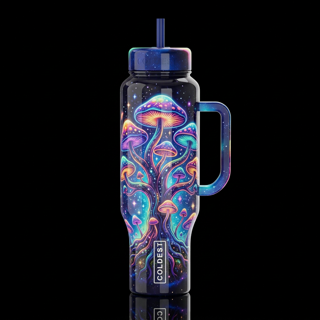 cosmic psychedelic mushroom tree of life, whimsica... water bottle design