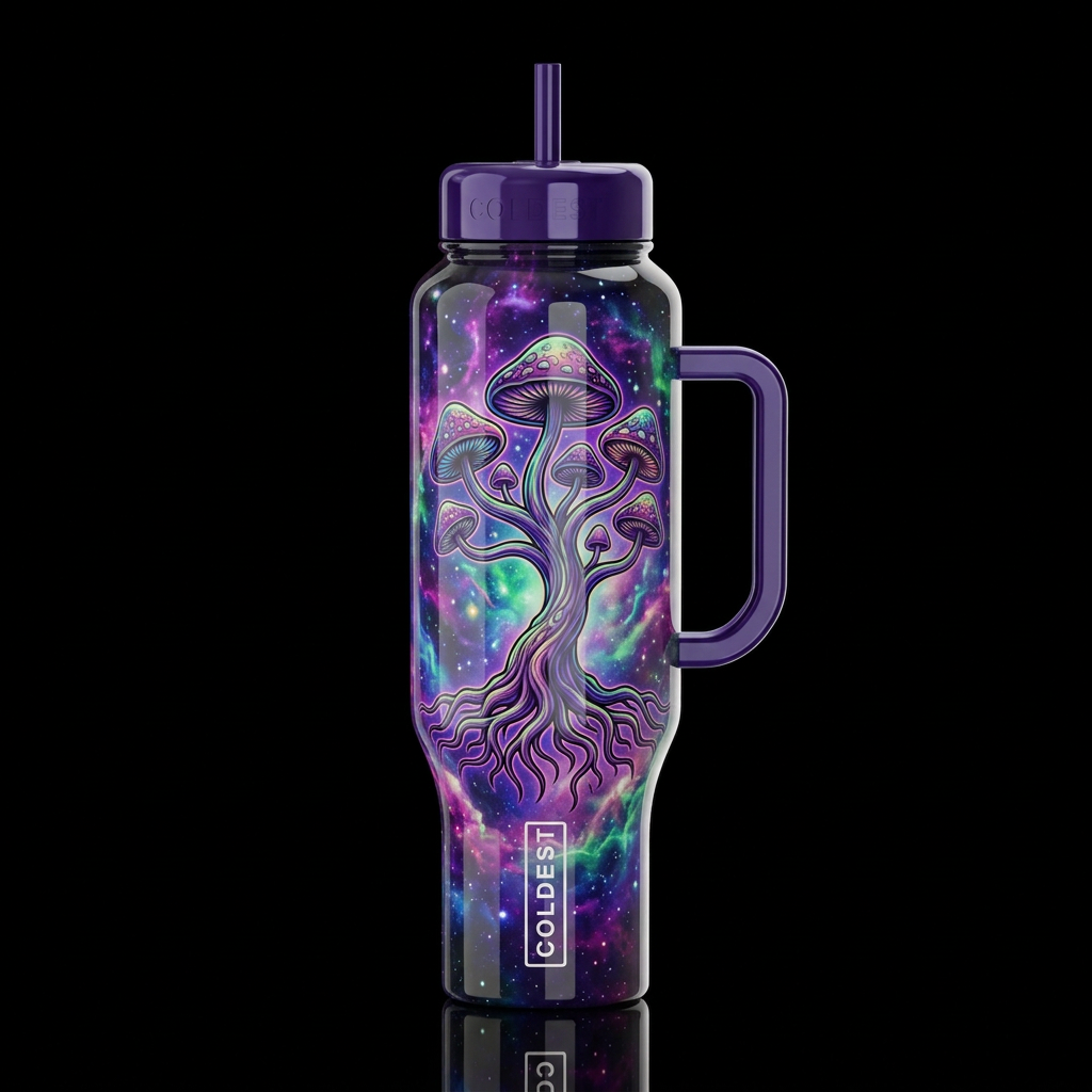 cosmic psychedelic mushroom tree of life, whimsica... water bottle design