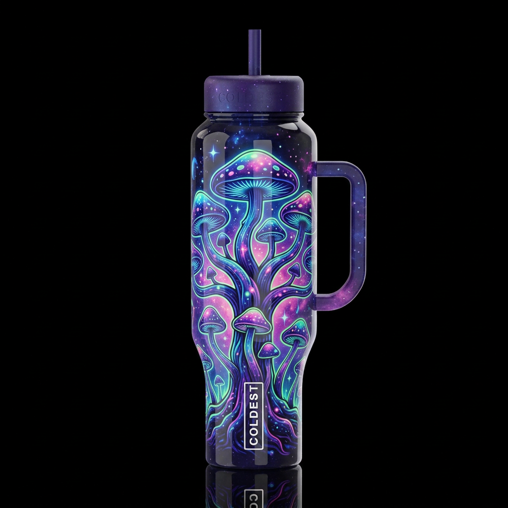 cosmic psychedelic mushroom tree of life, whimsica... water bottle design