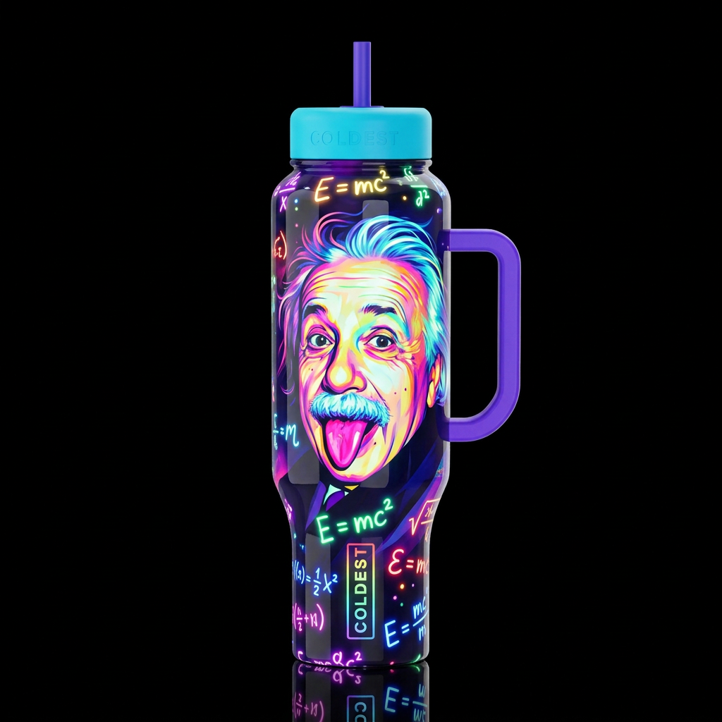 psychedelic Albert Einstein with his tongue out, w... water bottle design