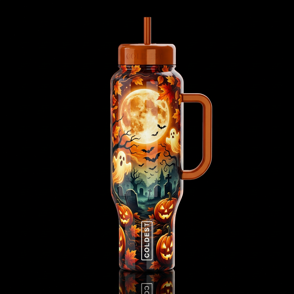 Halloween equinox fall theme harvest moon leaves g... water bottle design