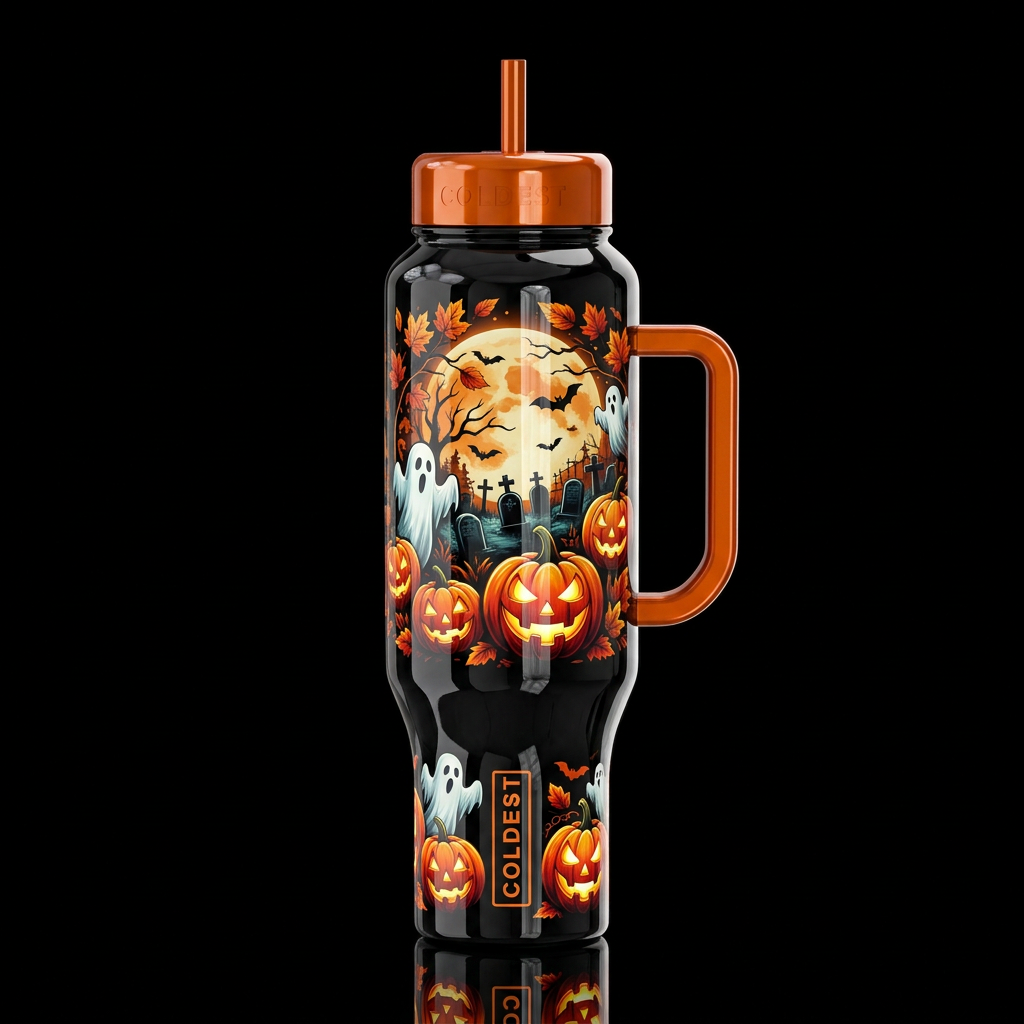 Halloween equinox fall theme harvest moon leaves g... water bottle design