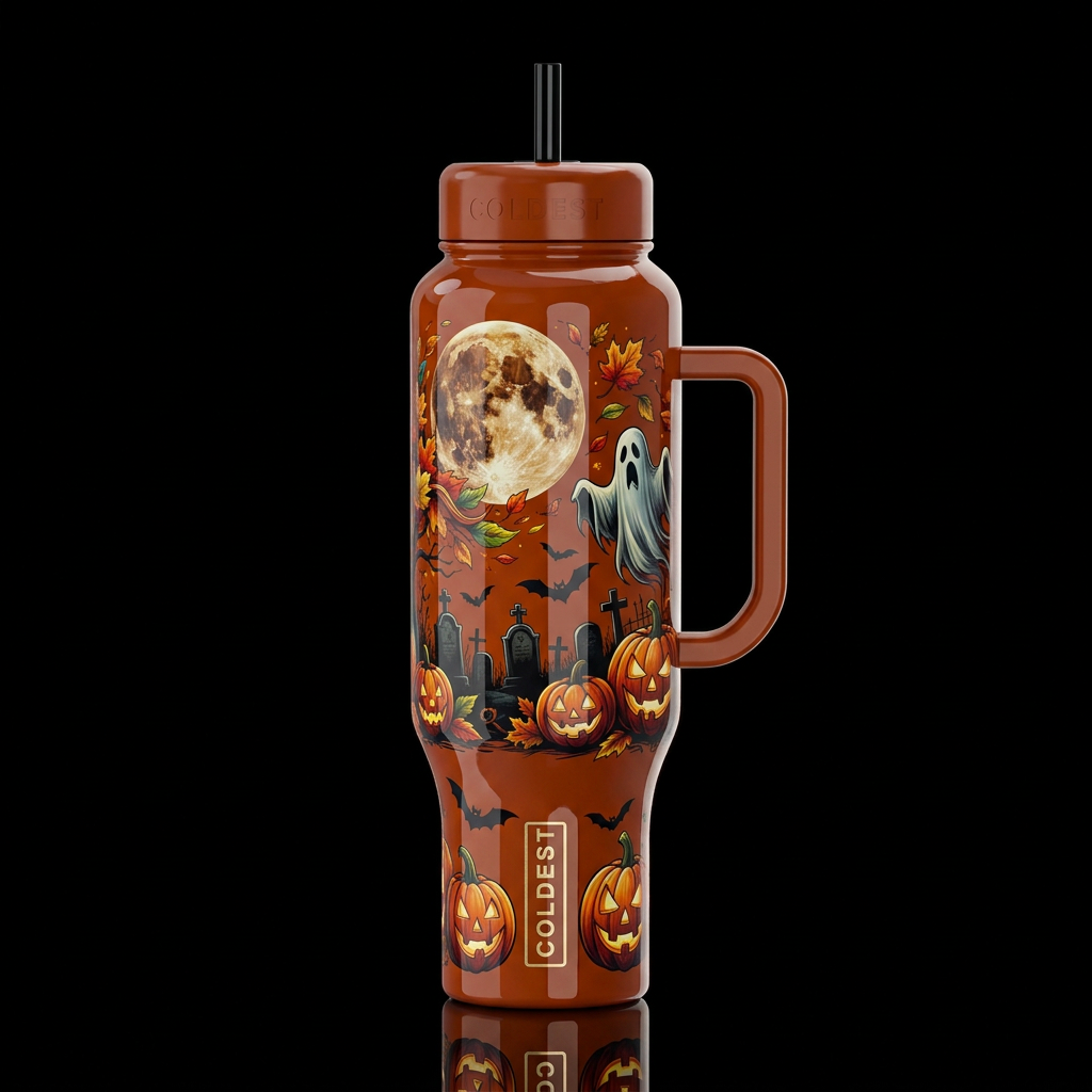 Halloween equinox fall theme harvest moon leaves g... water bottle design
