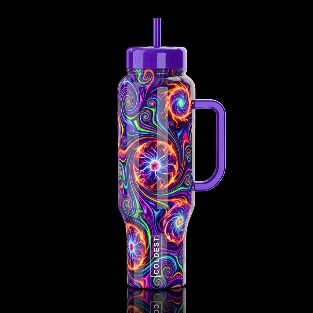 algorithmic optical art, kaleidoscope whimsical, s... water bottle design