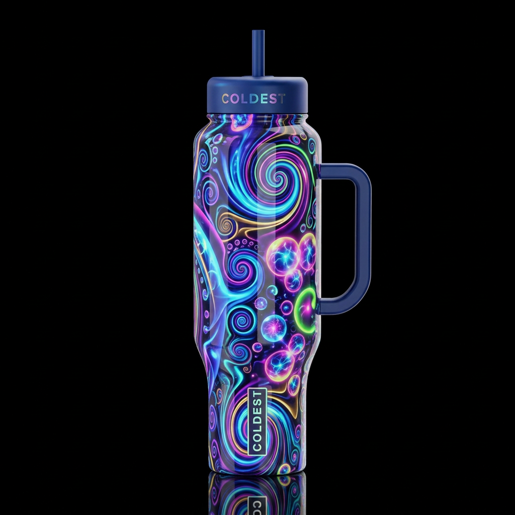 algorithmic optical art, kaleidoscope whimsical, s... water bottle design
