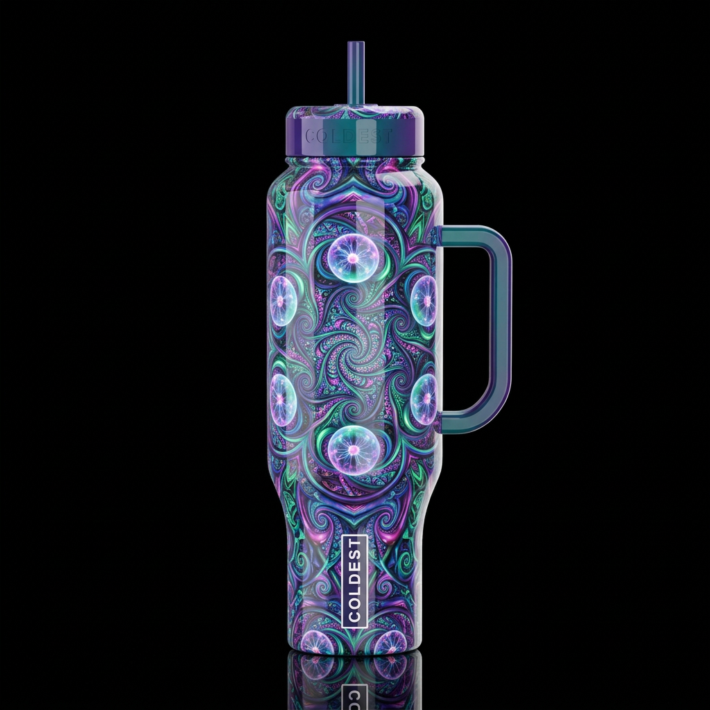 algorithmic optical art, kaleidoscope whimsical, s... water bottle design