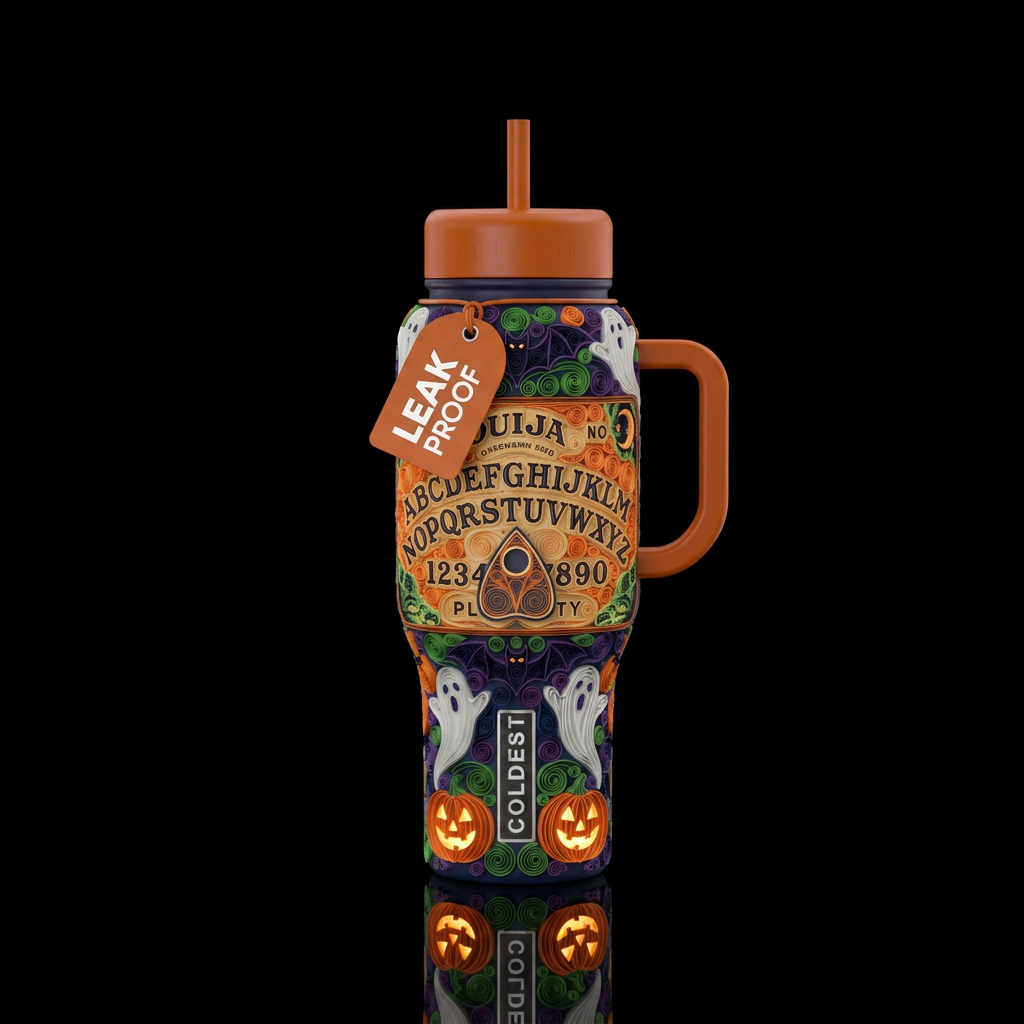 Quilled Halloween theme Ouija board with ghosts ba... water bottle design