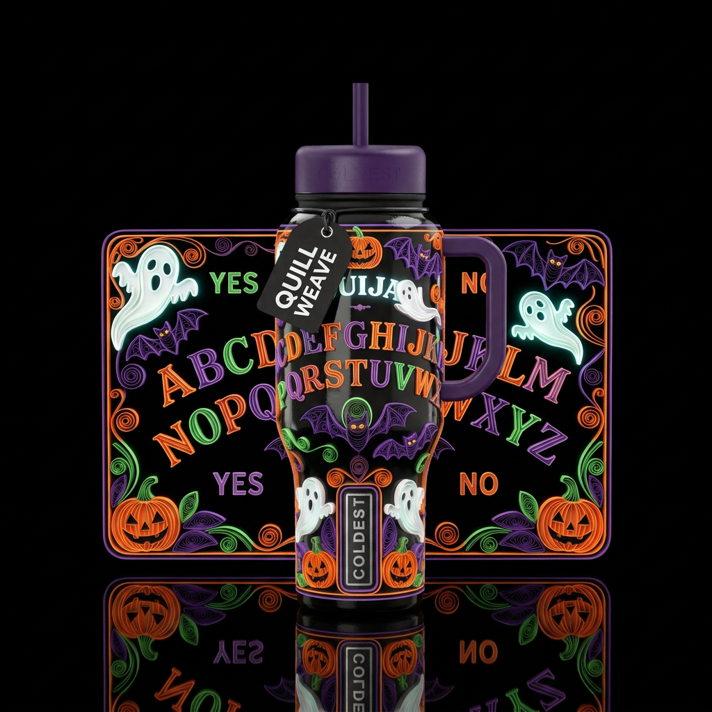 Quilled Halloween theme Ouija board with ghosts ba... water bottle design