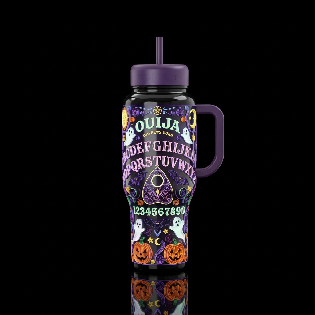 Quilled Halloween theme Ouija board with ghosts ba... water bottle design
