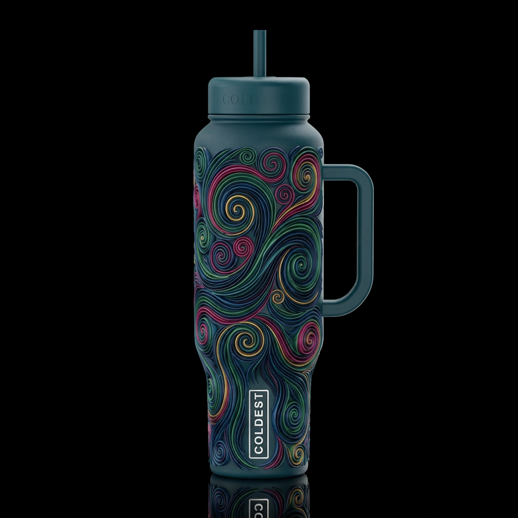 quilled, whimsical, sculpted, darkwaves, swirls, s... water bottle design