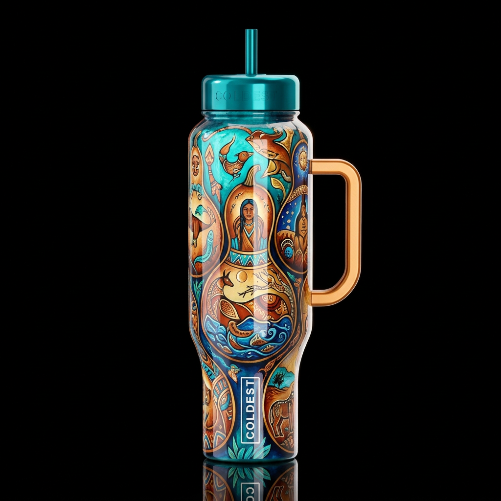 a colorful painted gourds telling a story inspired... water bottle design