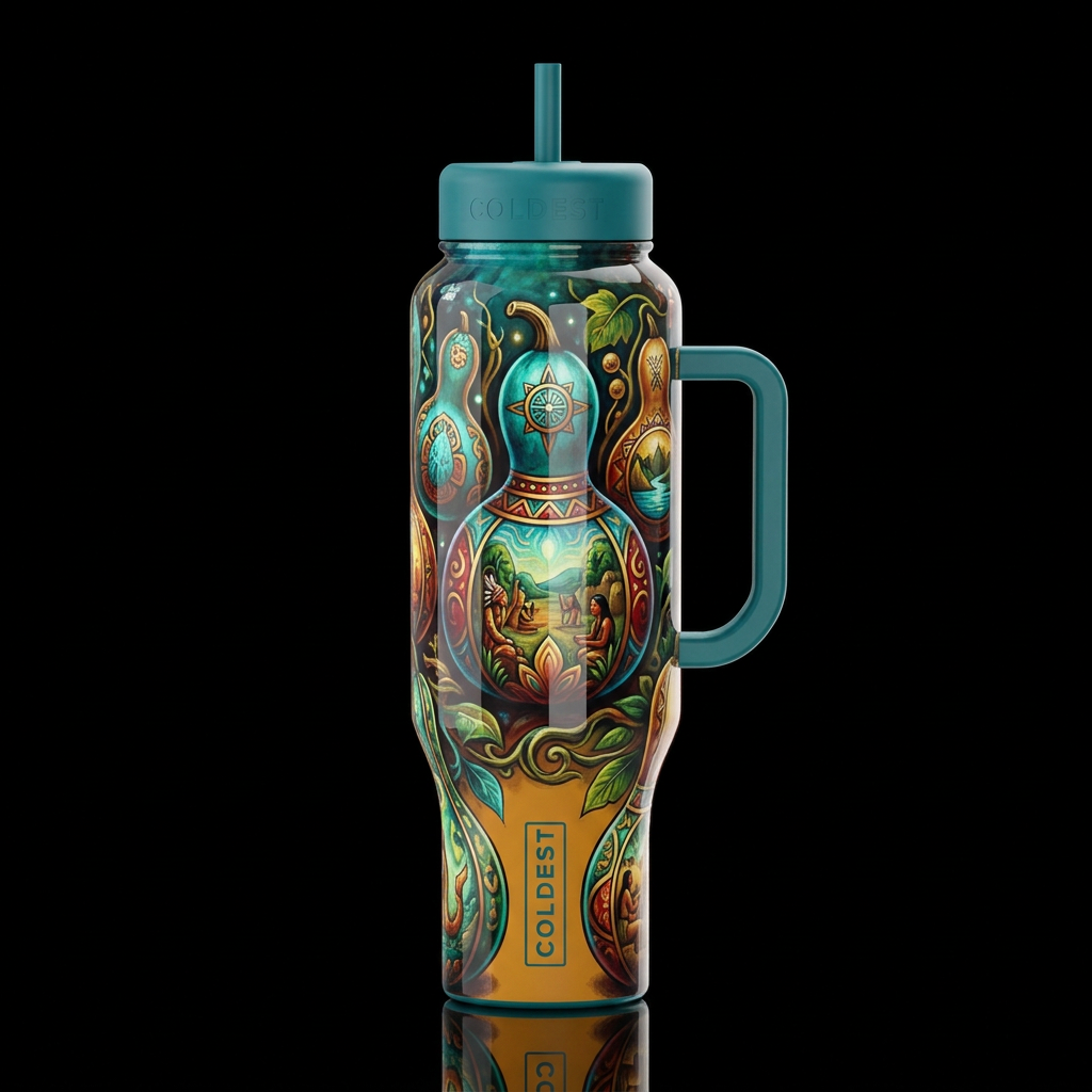 a colorful painted gourds telling a story inspired... water bottle design