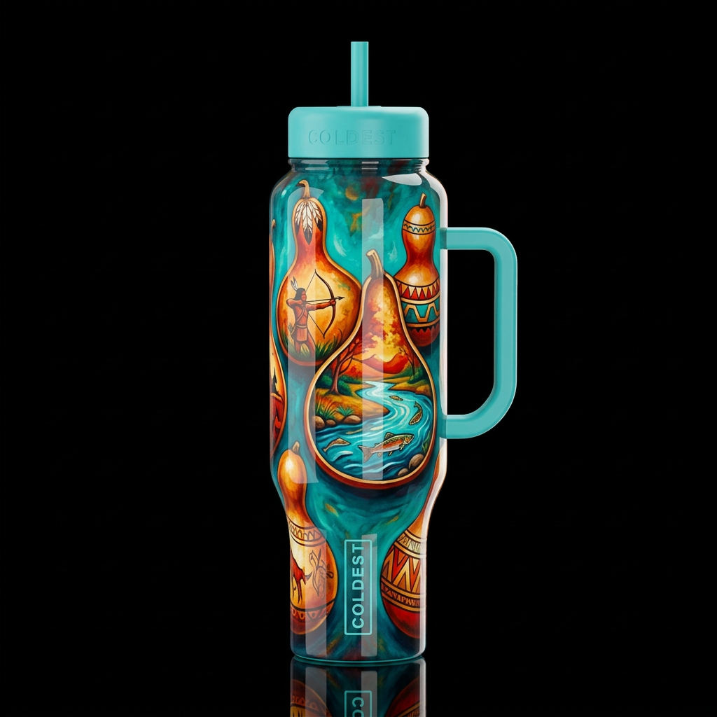 a colorful painted gourds telling a story inspired... water bottle design