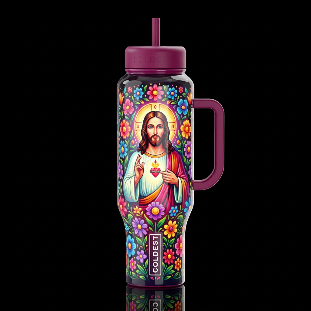 Jesus Christ folk art with colorful wild flowers g... water bottle design