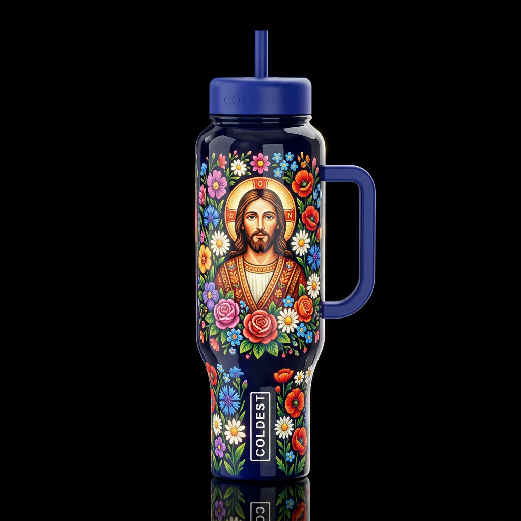 Jesus Christ folk art with colorful wild flowers g... water bottle design