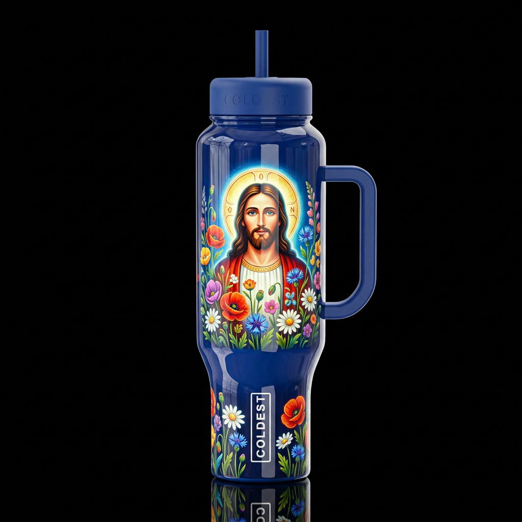 Jesus Christ folk art with colorful wild flowers g... water bottle design