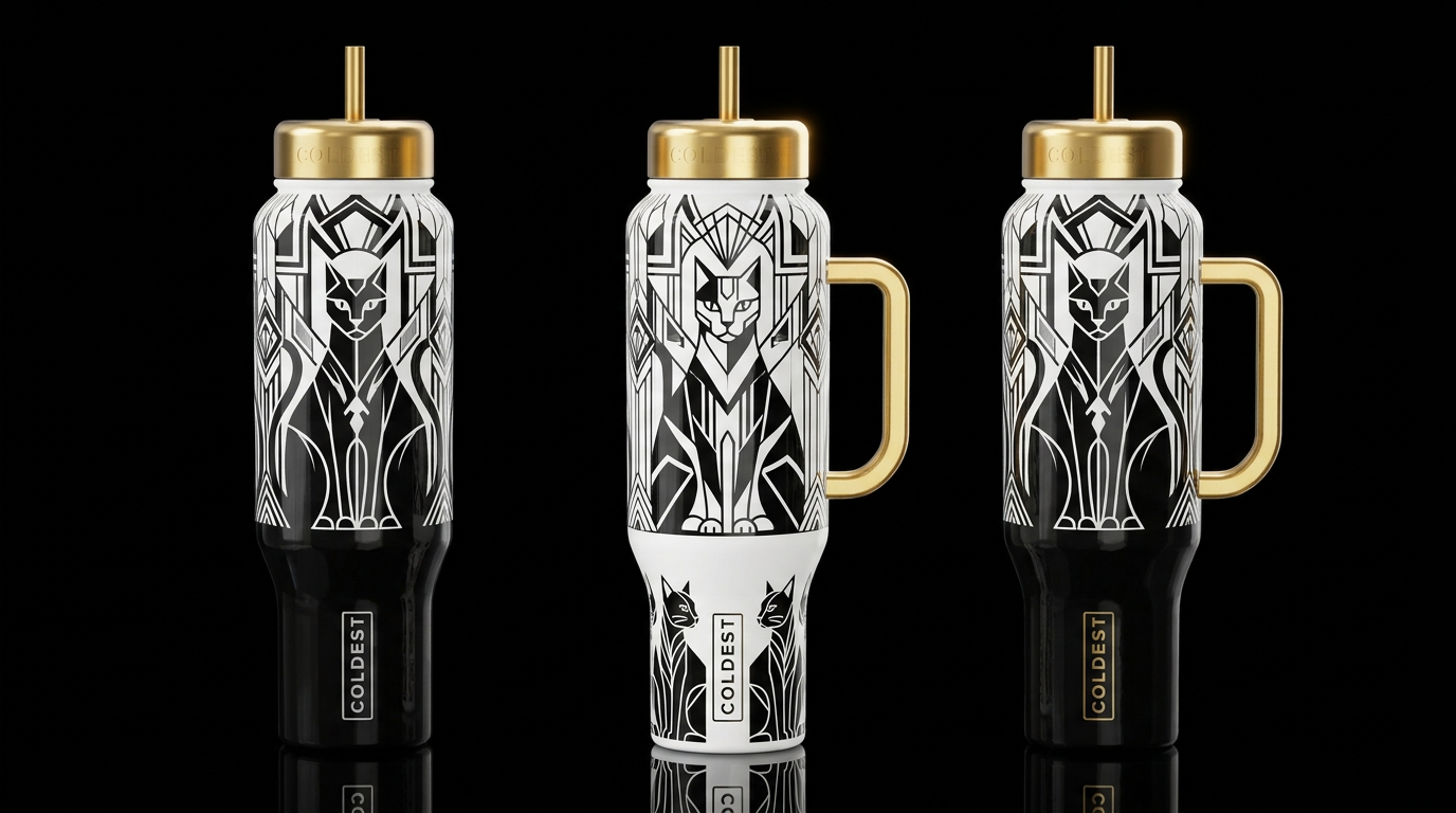 geometric Art-Deco black and white cats on a white... water bottle design