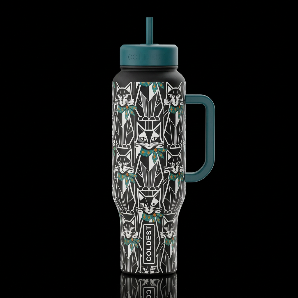 geometric Art-Deco black and white cat with mid ce... water bottle design