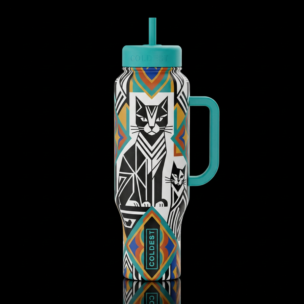 geometric Art-Deco black and white cat with mid ce... water bottle design