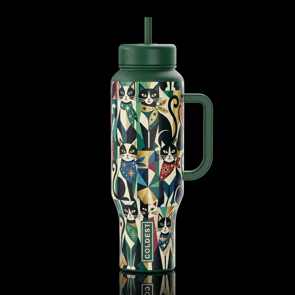 geometric Art-Deco black and white cat with mid ce... water bottle design