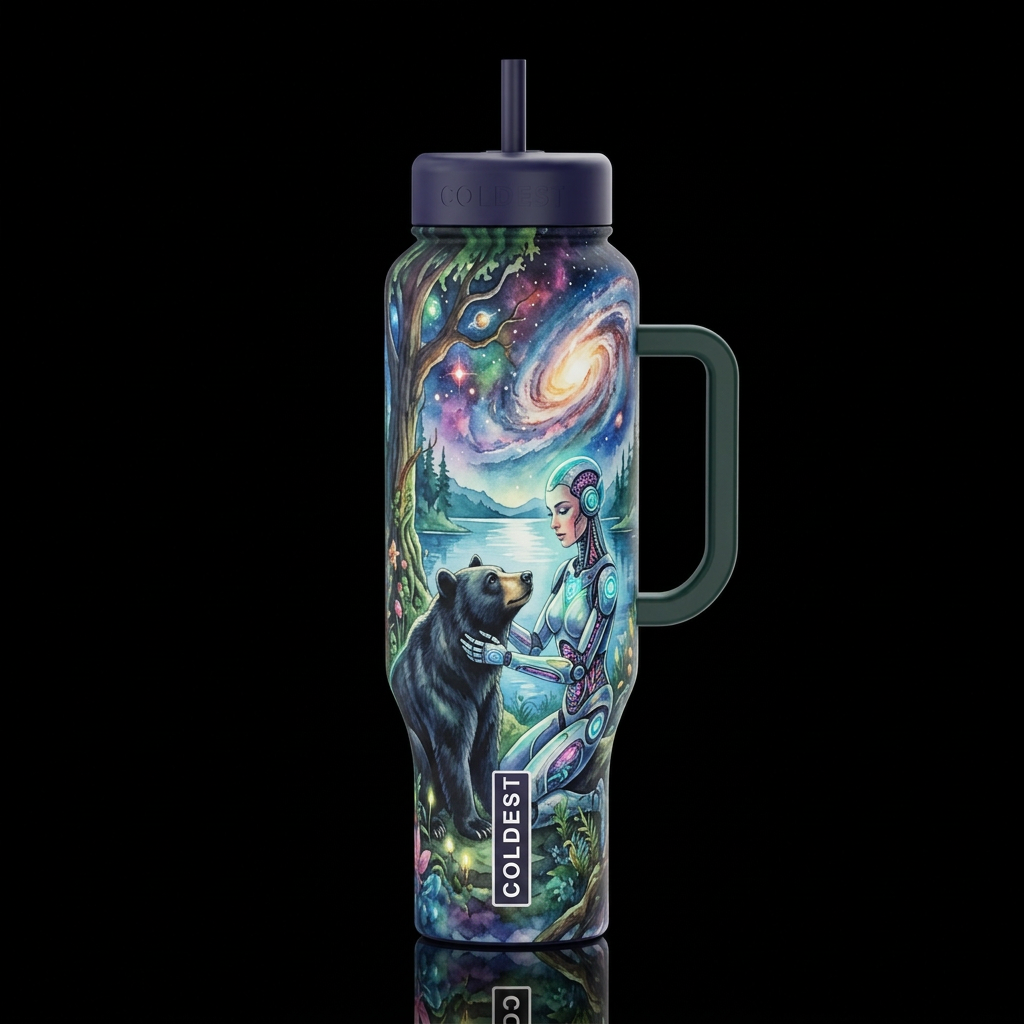 sci-fi, fantasy beautiful woman cyborg in the fore... water bottle design