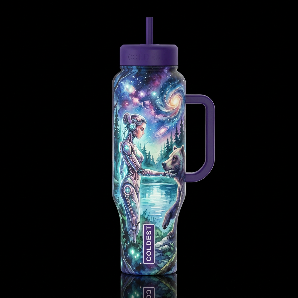 sci-fi, fantasy beautiful woman cyborg in the fore... water bottle design