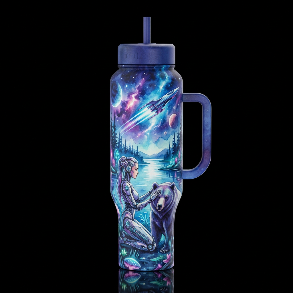 sci-fi, fantasy beautiful woman cyborg in the fore... water bottle design