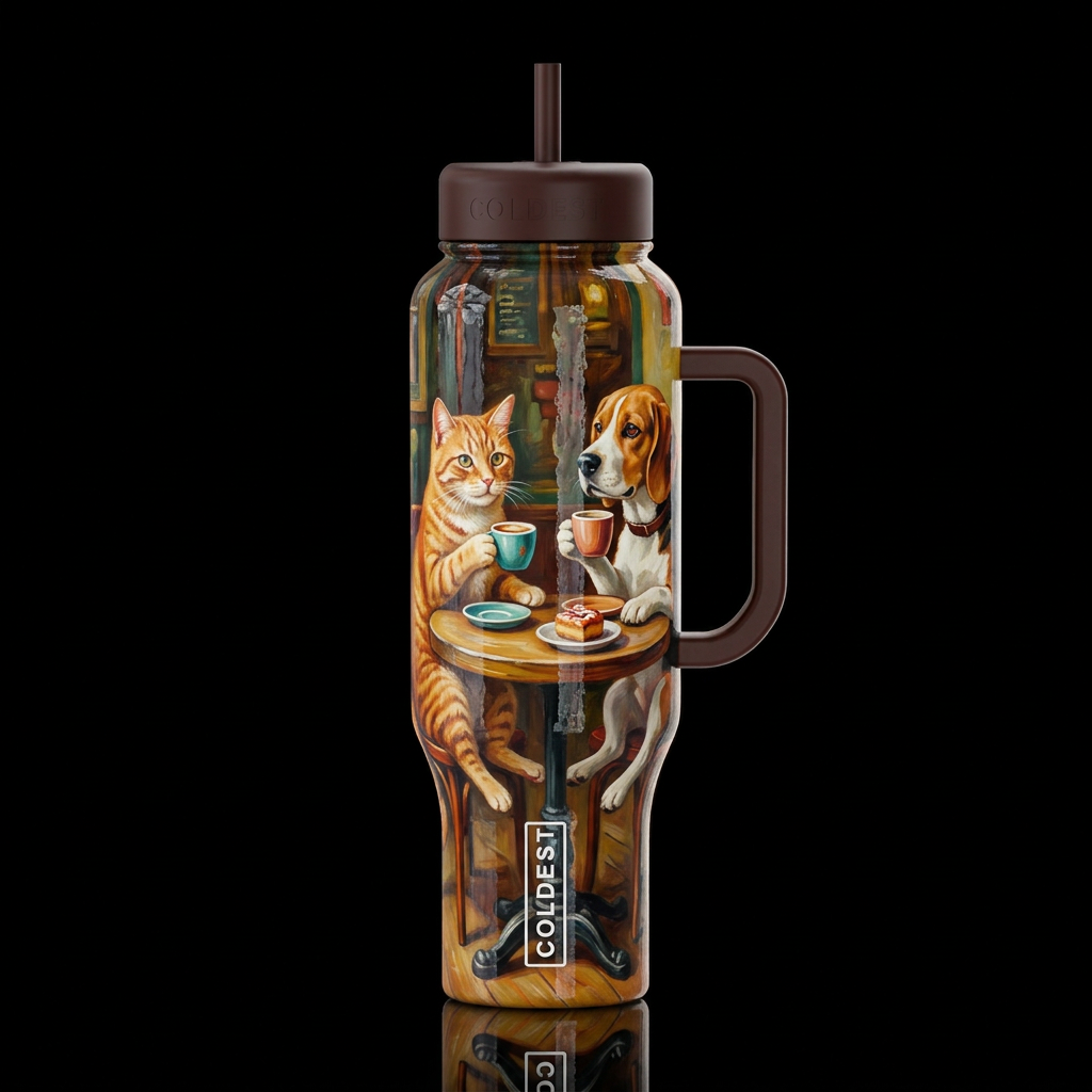 a cat and a dog sitting at a table having coffee b... water bottle design