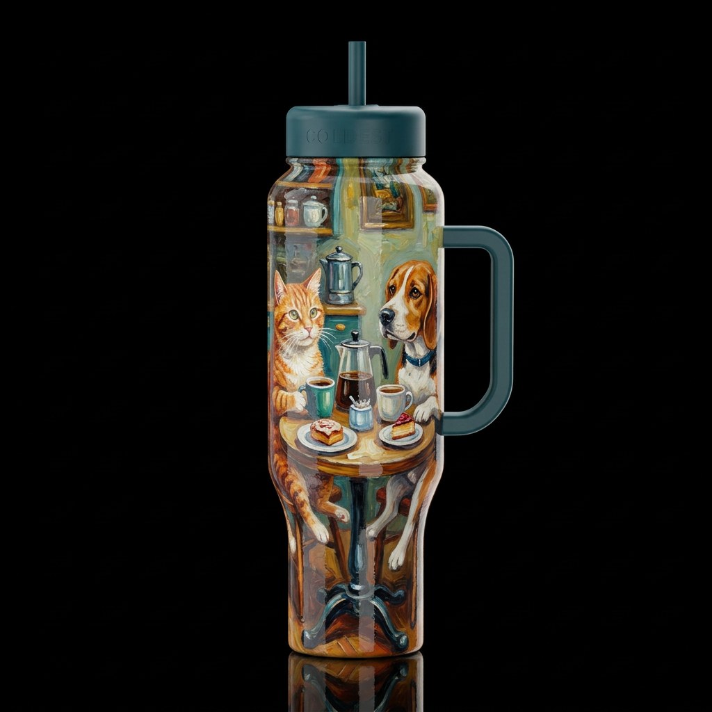 a cat and a dog sitting at a table having coffee b... water bottle design