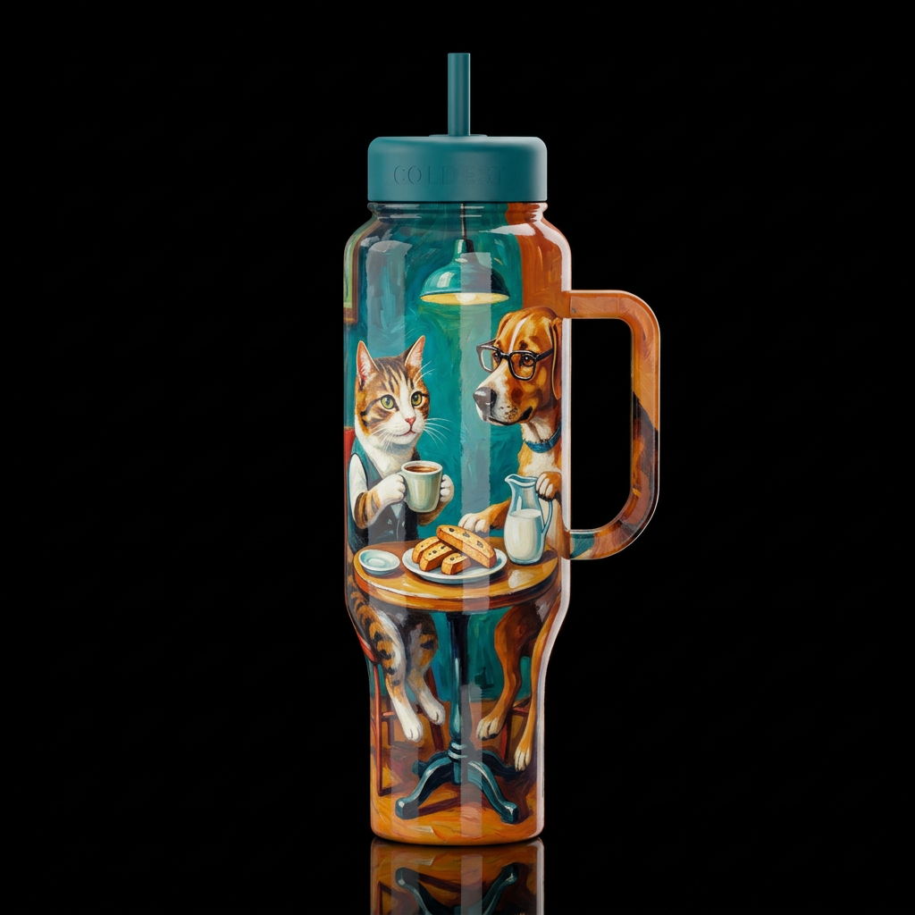 a cat and a dog sitting at a table having coffee b... water bottle design