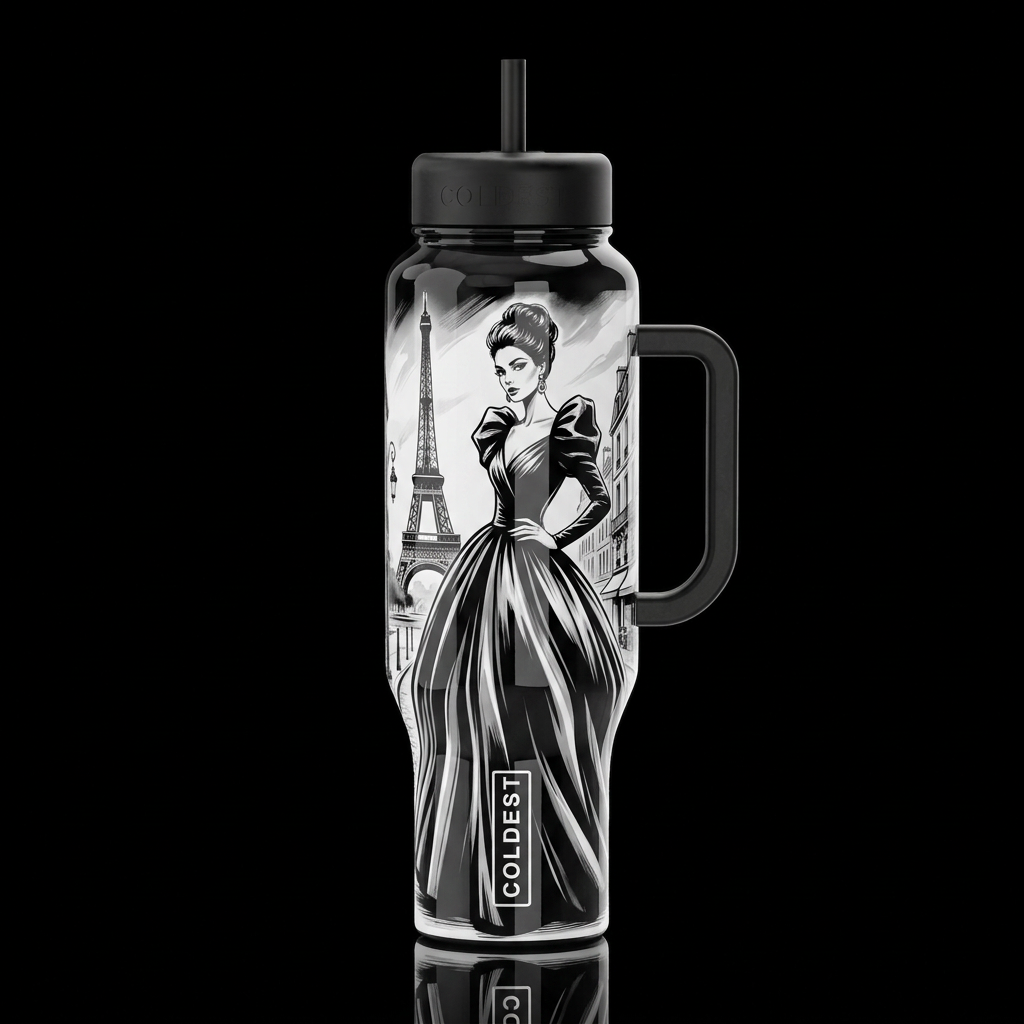 high fashion dressed woman in Paris the Eiffel Tow... water bottle design