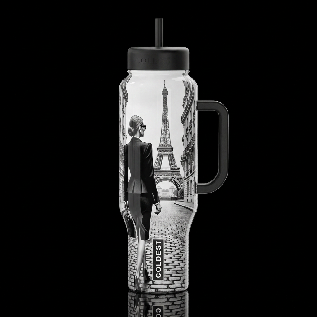 high fashion dressed woman in Paris the Eiffel Tow... water bottle design