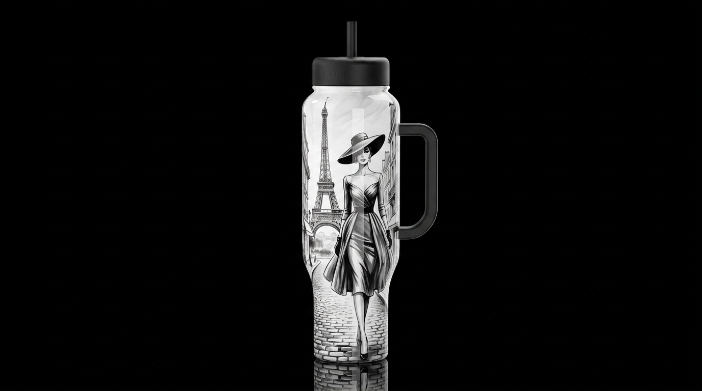 high fashion dressed woman in Paris the Eiffel Tow... water bottle design