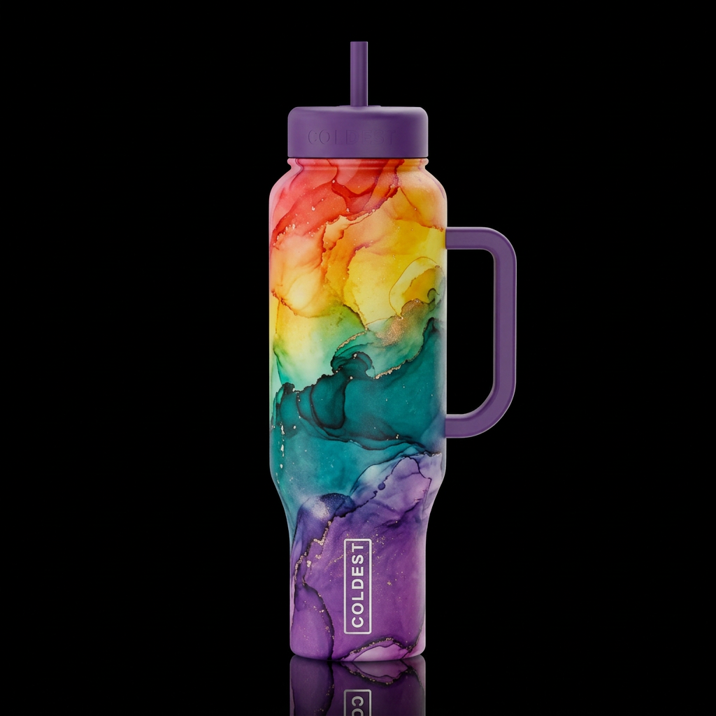 ombre art Rainbow, Teal and Purple Alcohol Ink abs... water bottle design