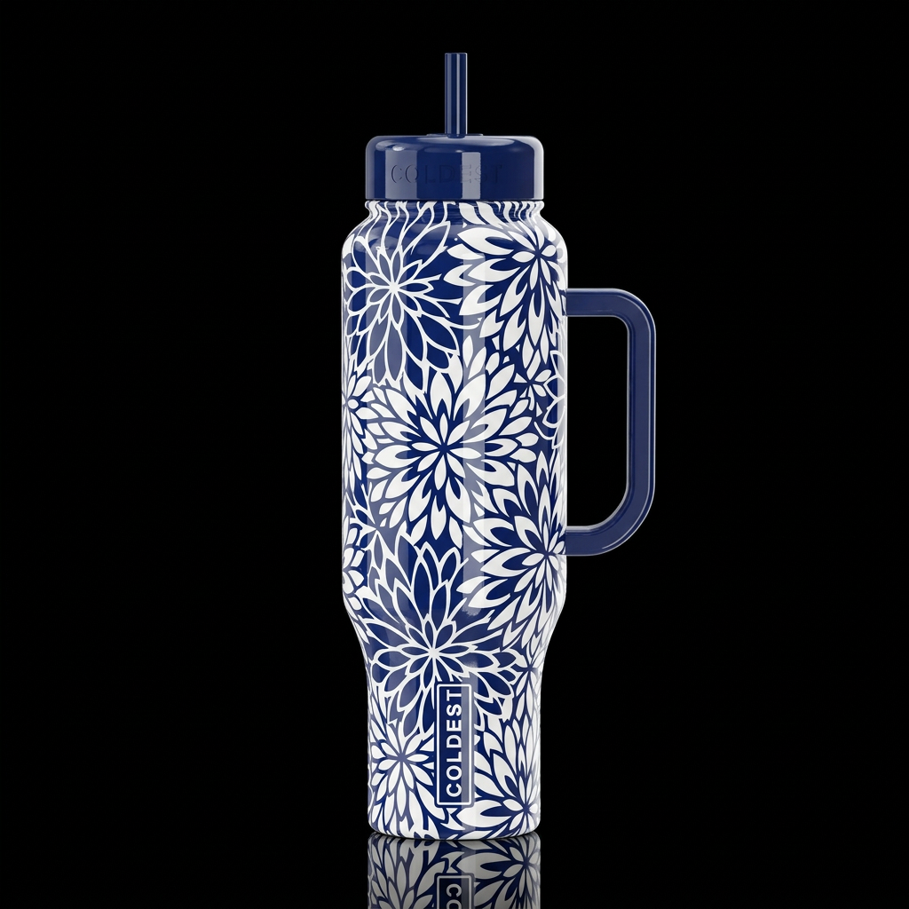 Navy blue and white abstract flower high gloss water bottle design