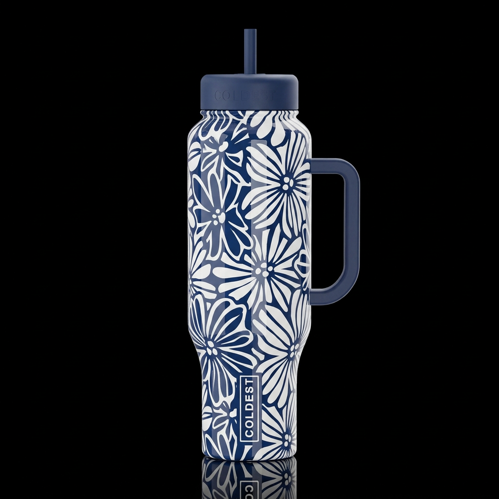 Navy blue and white abstract flower high gloss water bottle design