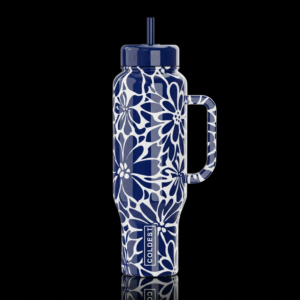 Navy blue and white abstract flower high gloss water bottle design