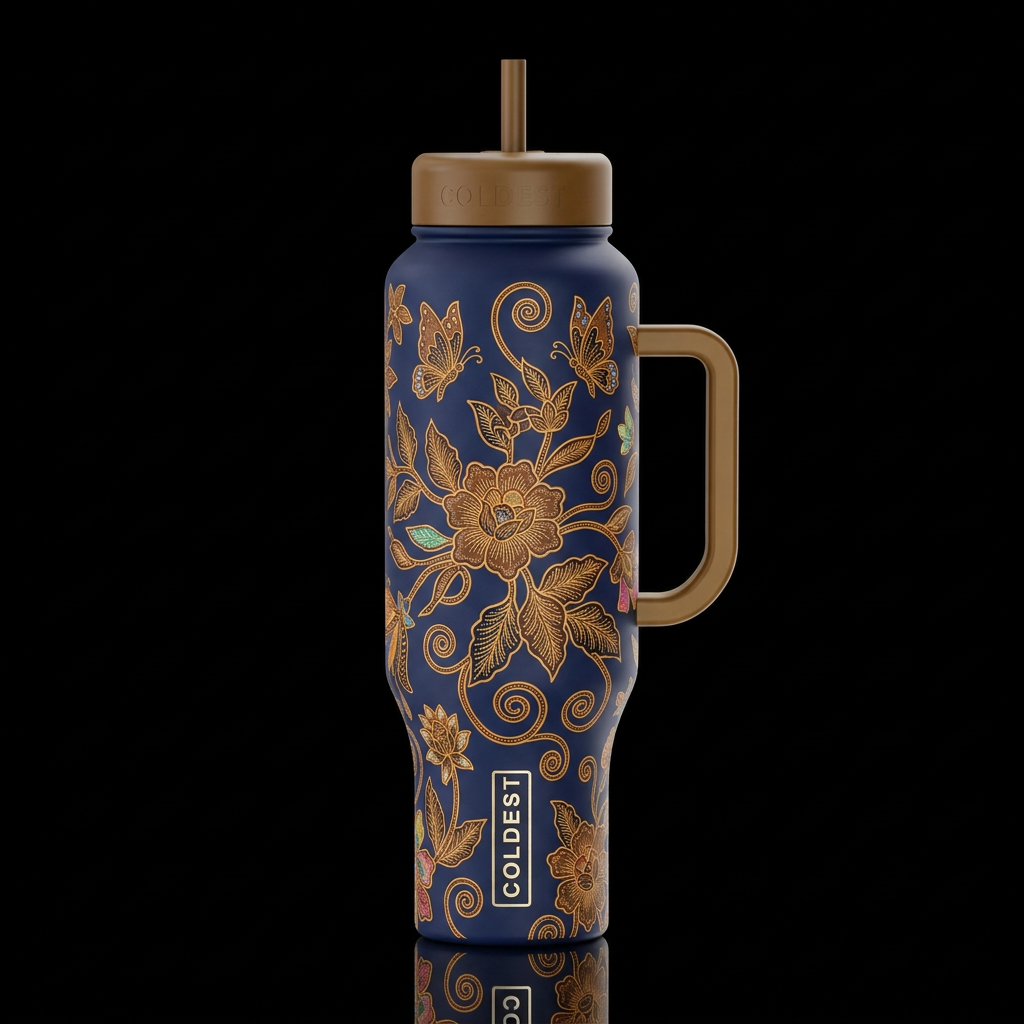 indonesian  flowers butterflies leaves, swirls, sp... water bottle design